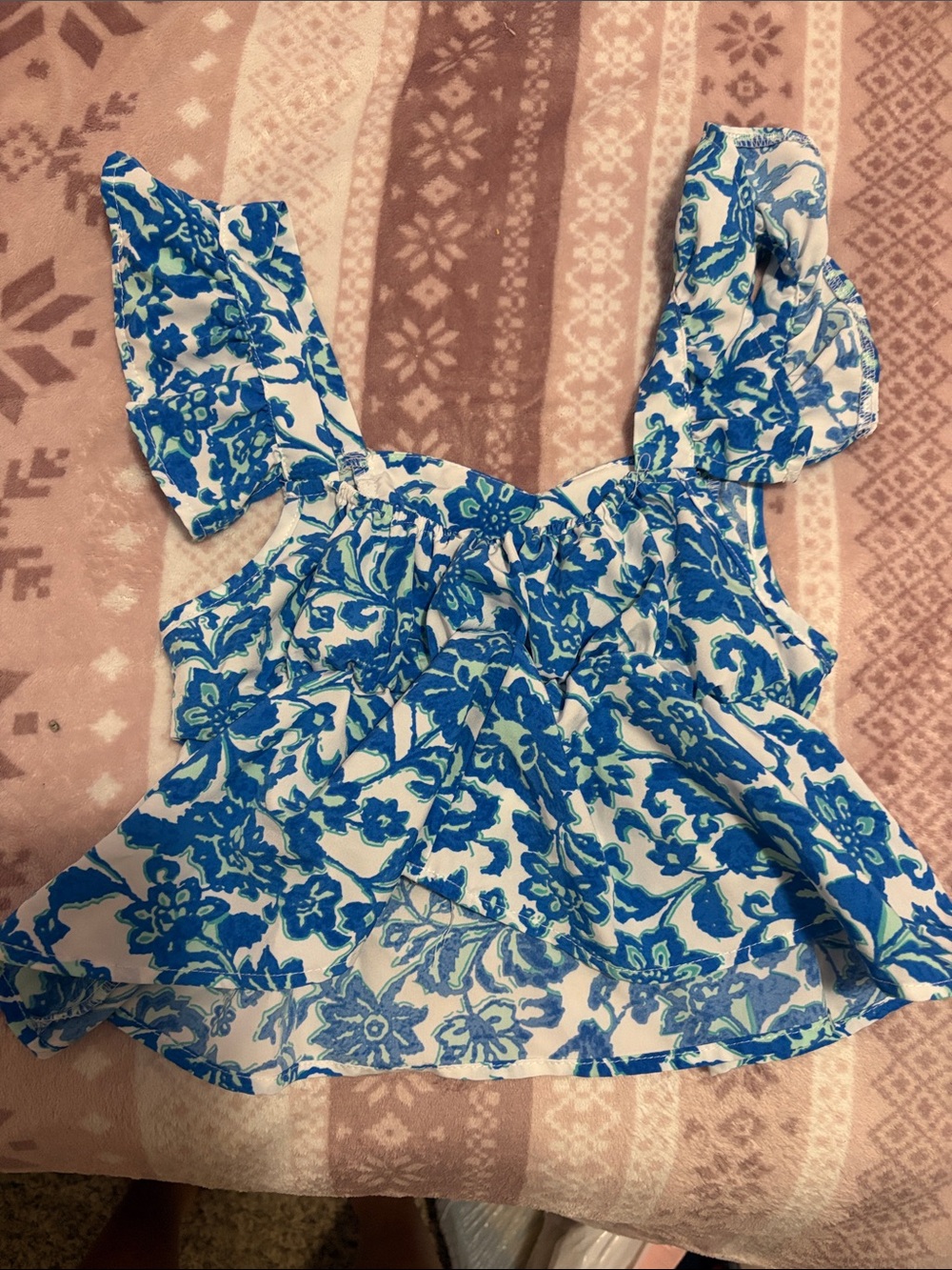 SHEIN Blue & White Floral Off-Shoulder Crop Top